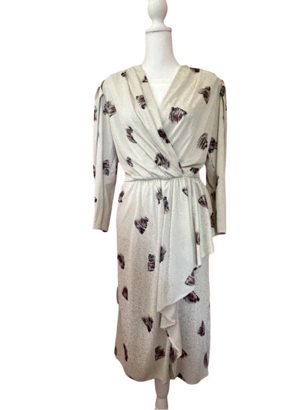 VTG 80s Abstract Print FauxWrap Dress Deadstock Midi Secretary Draped Ruffle 12